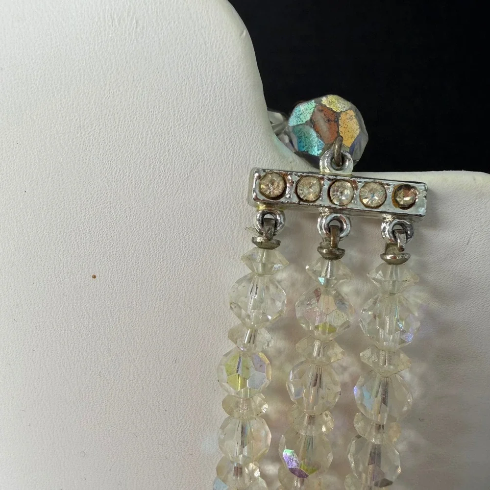 Vintage Aurora Borealis Clear Glass Bead Necklace Silver Tone Rhinestone Accents